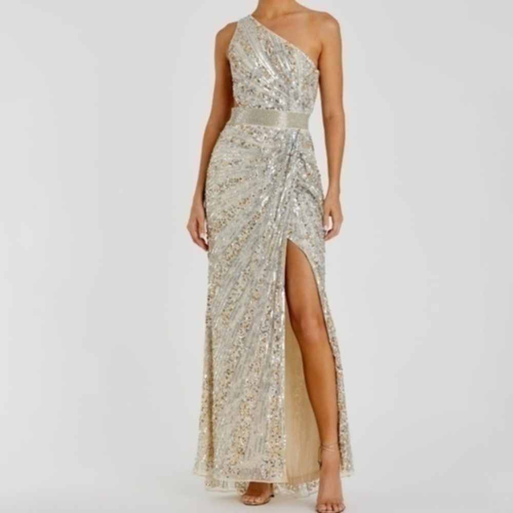 Mac Duggal. Sequined‎ One Shoulder Draped Lace Up Gown.